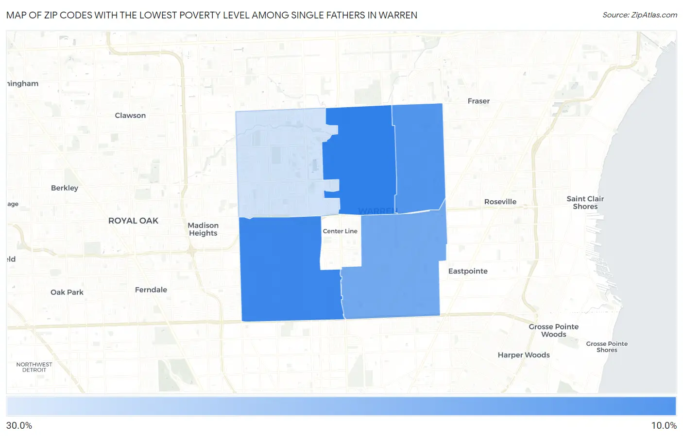 Zip Codes with the Lowest Poverty Level Among Single Fathers in Warren Map