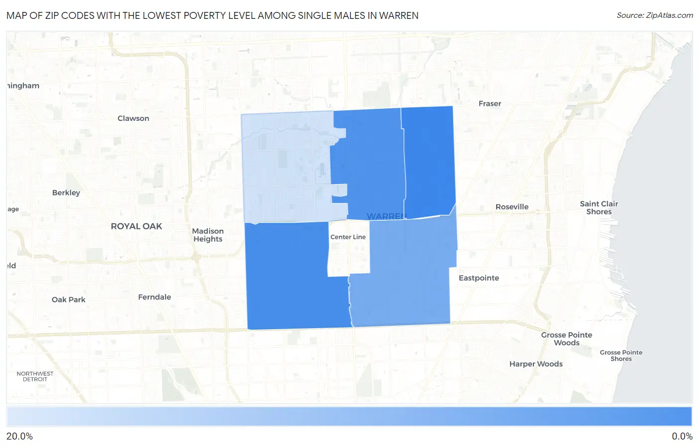 Zip Codes with the Lowest Poverty Level Among Single Males in Warren Map