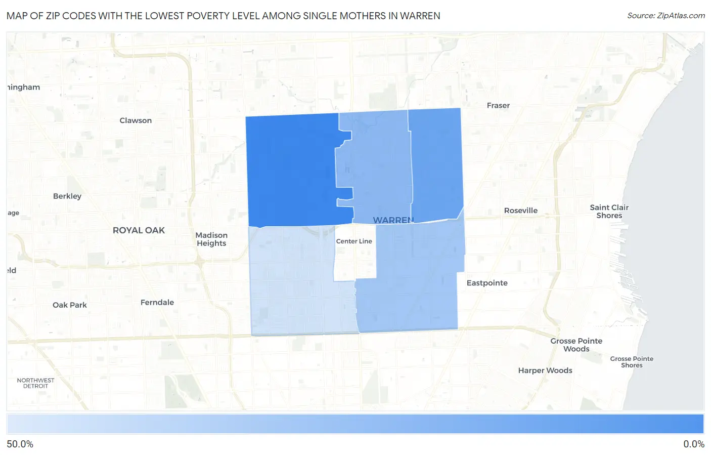 Zip Codes with the Lowest Poverty Level Among Single Mothers in Warren Map