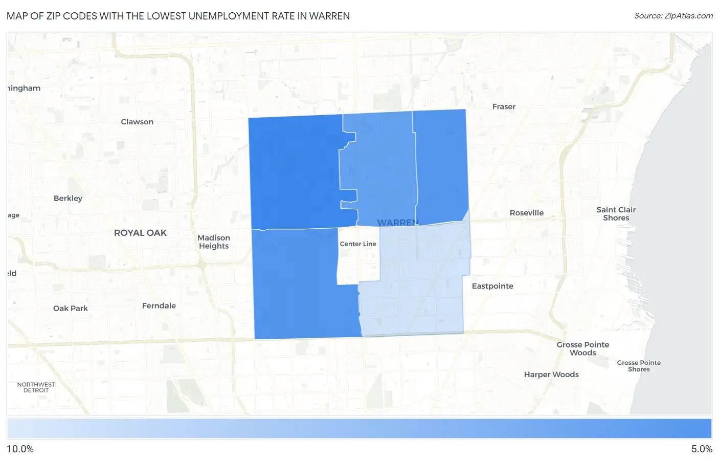 Zip Codes with the Lowest Unemployment Rate in Warren Map