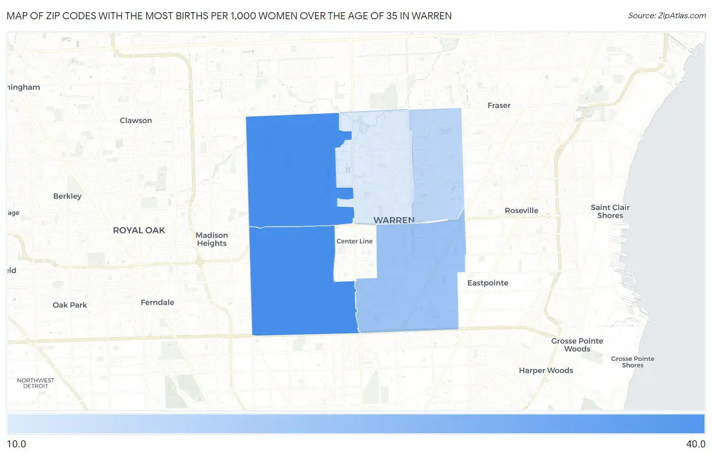 Zip Codes with the Most Births per 1,000 Women Over the Age of 35 in Warren Map