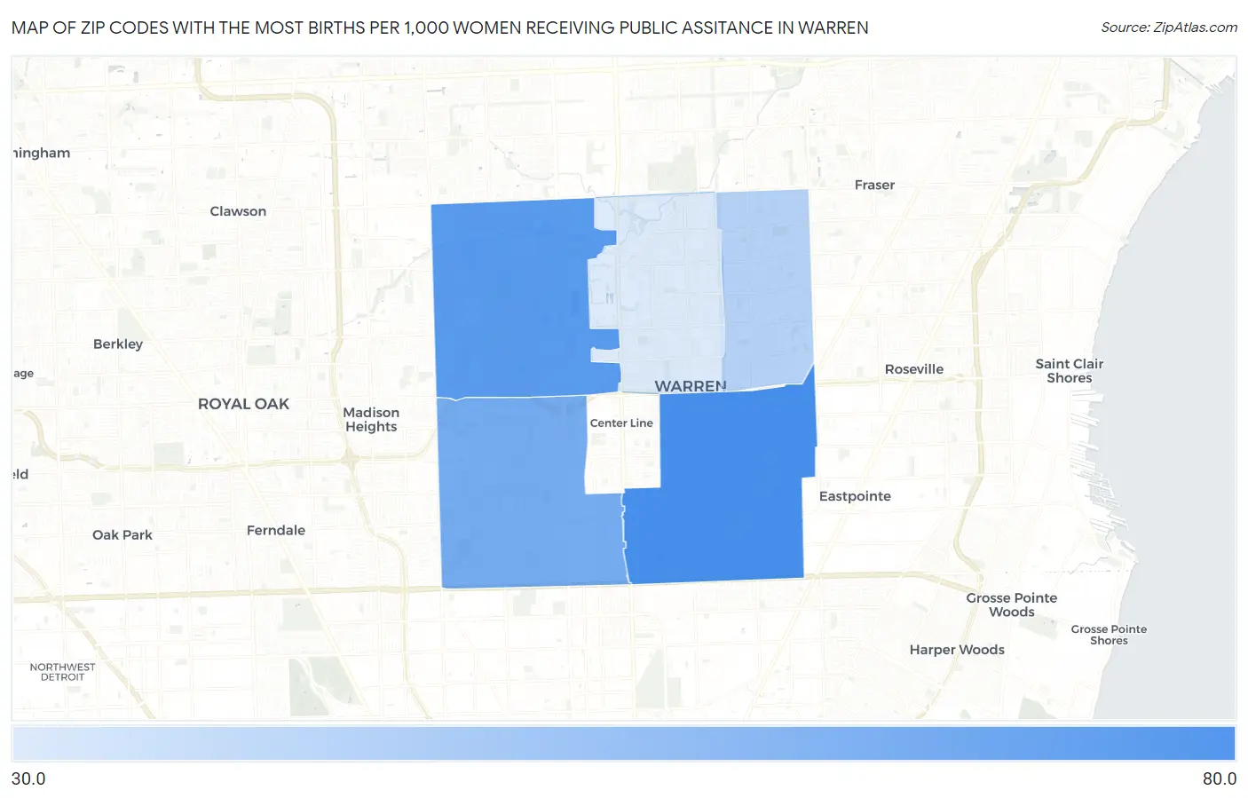 Zip Codes with the Most Births per 1,000 Women Receiving Public Assitance in Warren Map