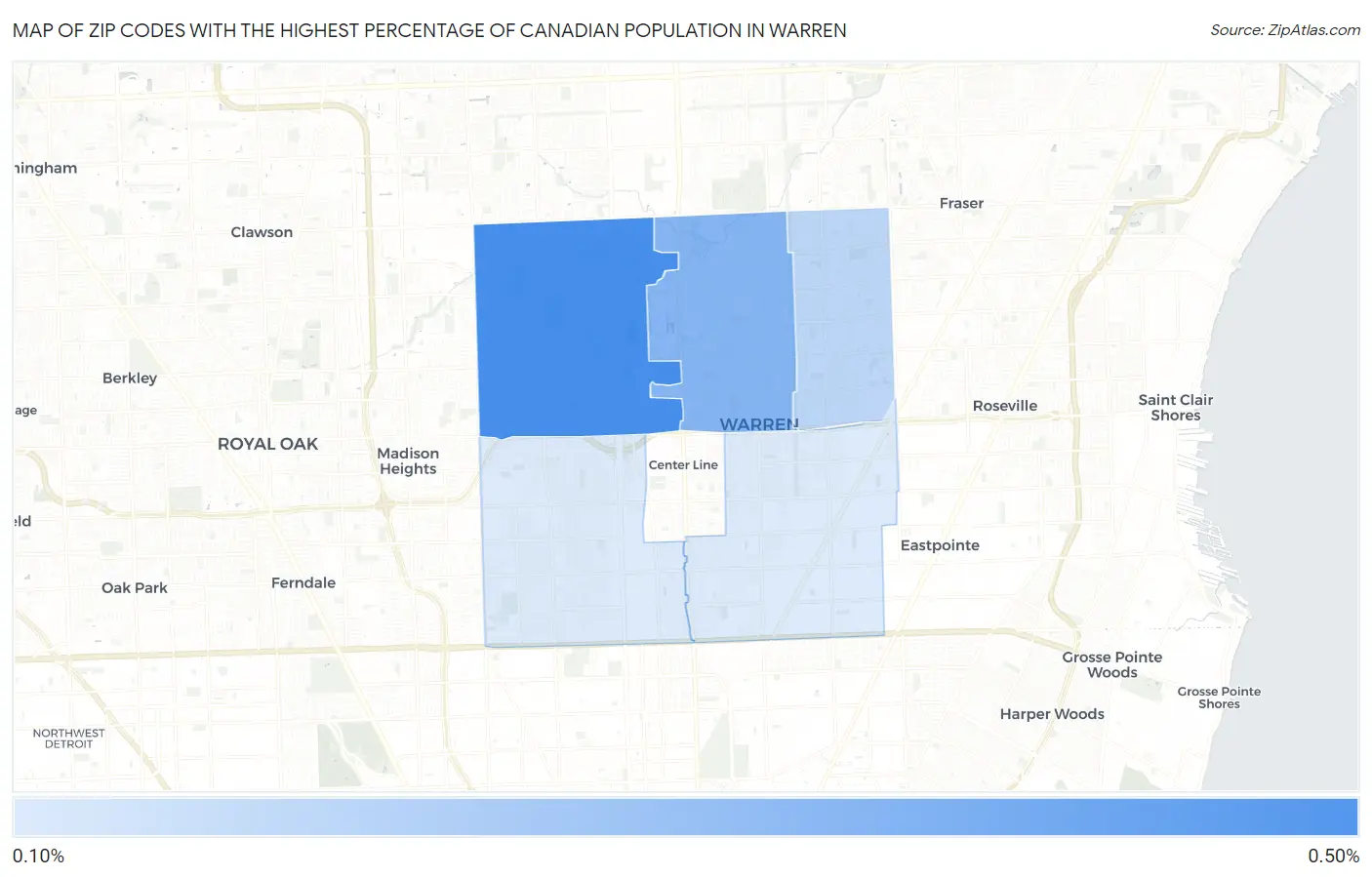 Zip Codes with the Highest Percentage of Canadian Population in Warren Map
