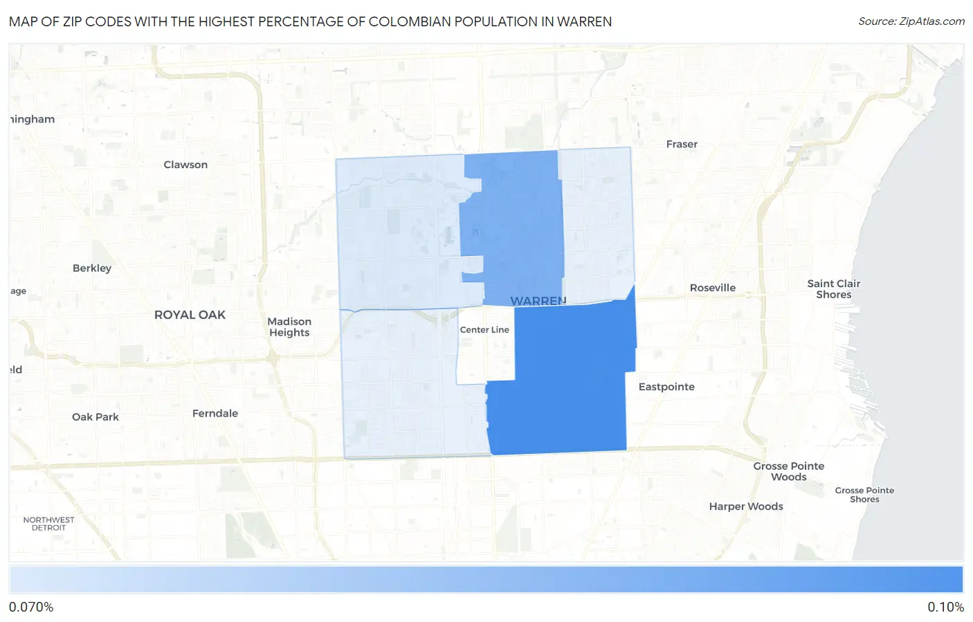 Zip Codes with the Highest Percentage of Colombian Population in Warren Map