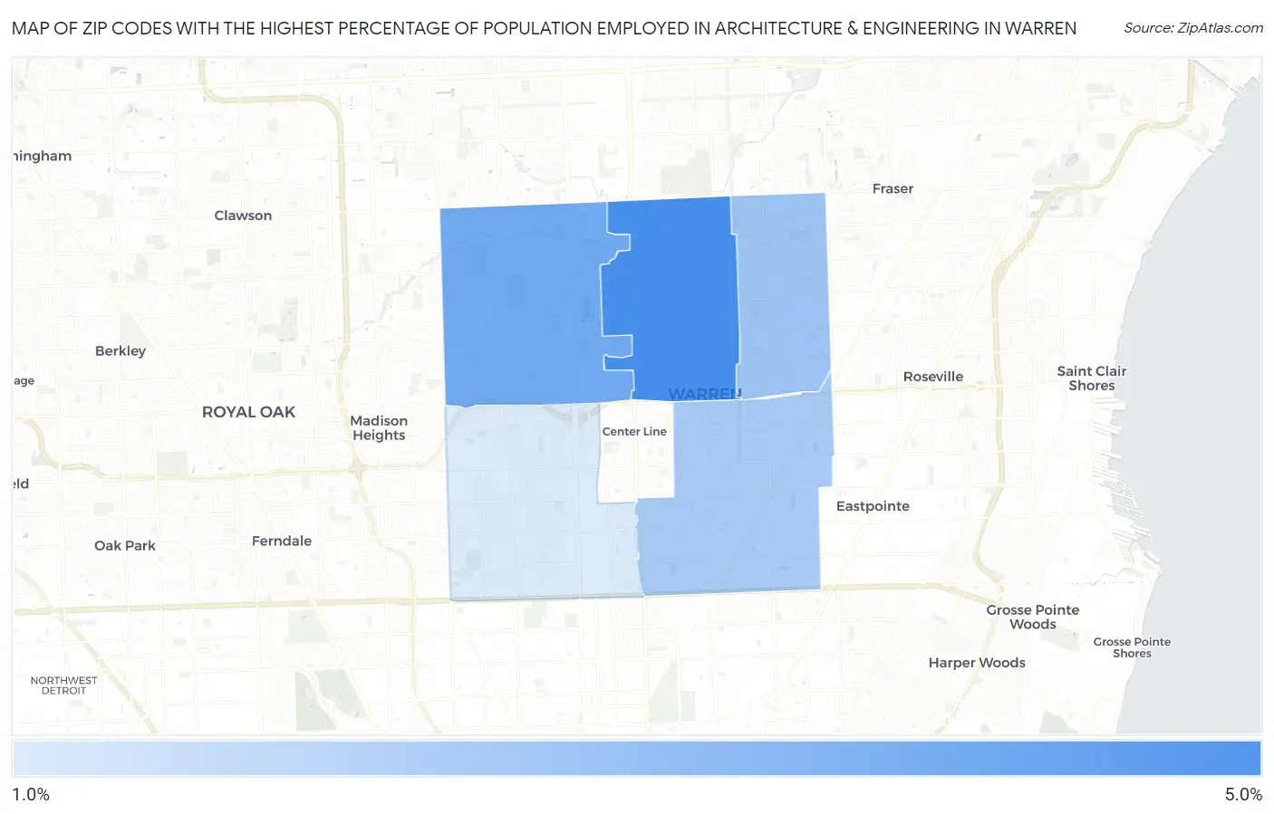 Zip Codes with the Highest Percentage of Population Employed in Architecture & Engineering in Warren Map