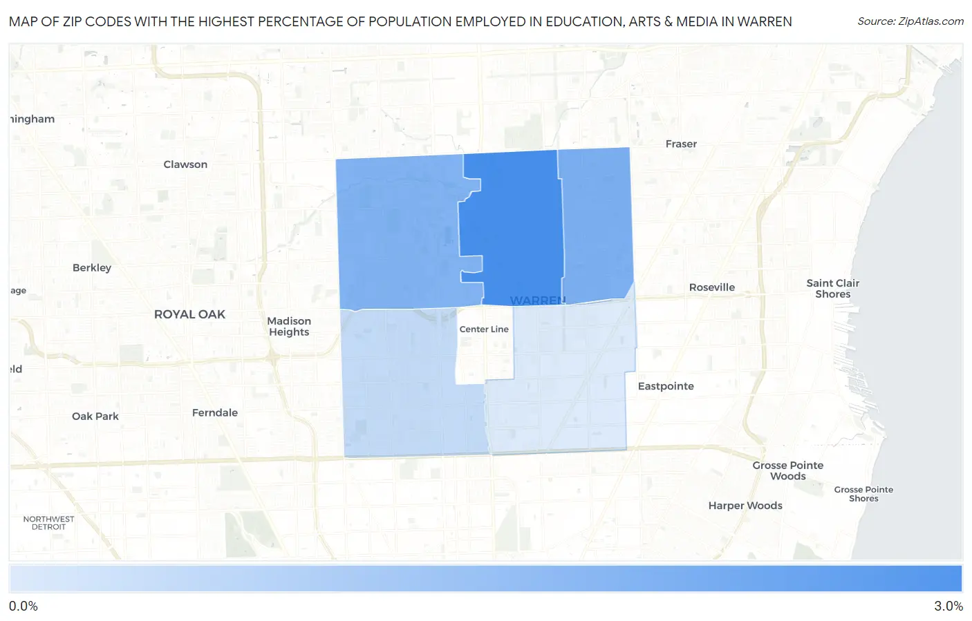 Zip Codes with the Highest Percentage of Population Employed in Education, Arts & Media in Warren Map