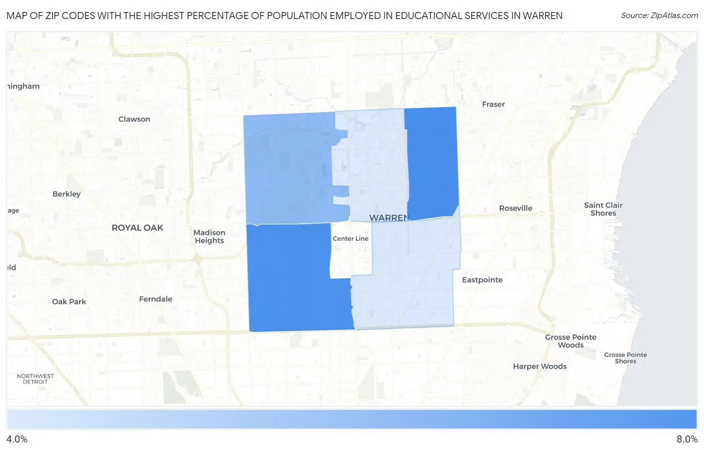 Zip Codes with the Highest Percentage of Population Employed in Educational Services in Warren Map