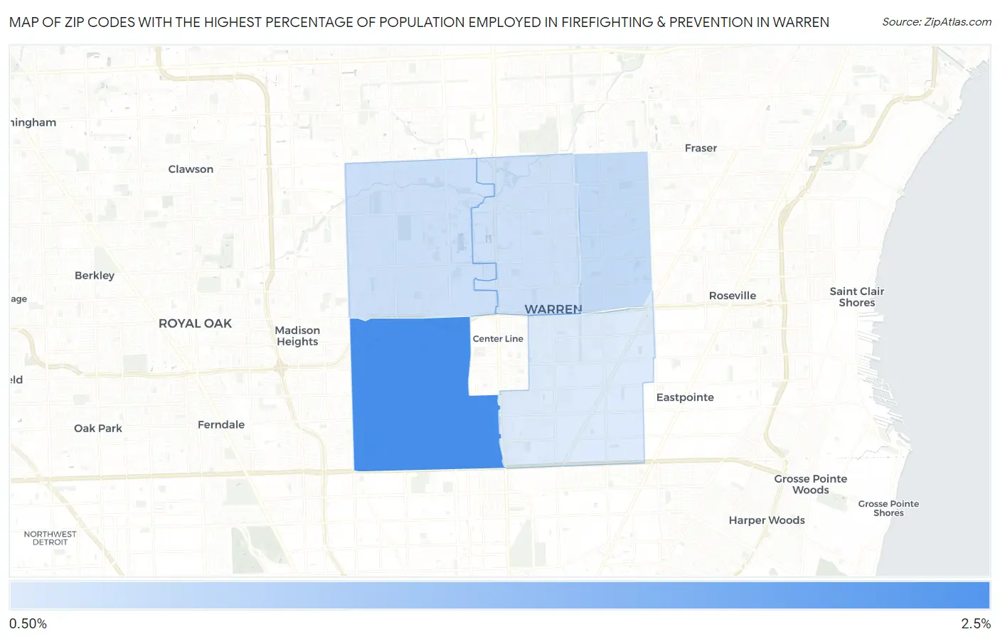 Zip Codes with the Highest Percentage of Population Employed in Firefighting & Prevention in Warren Map