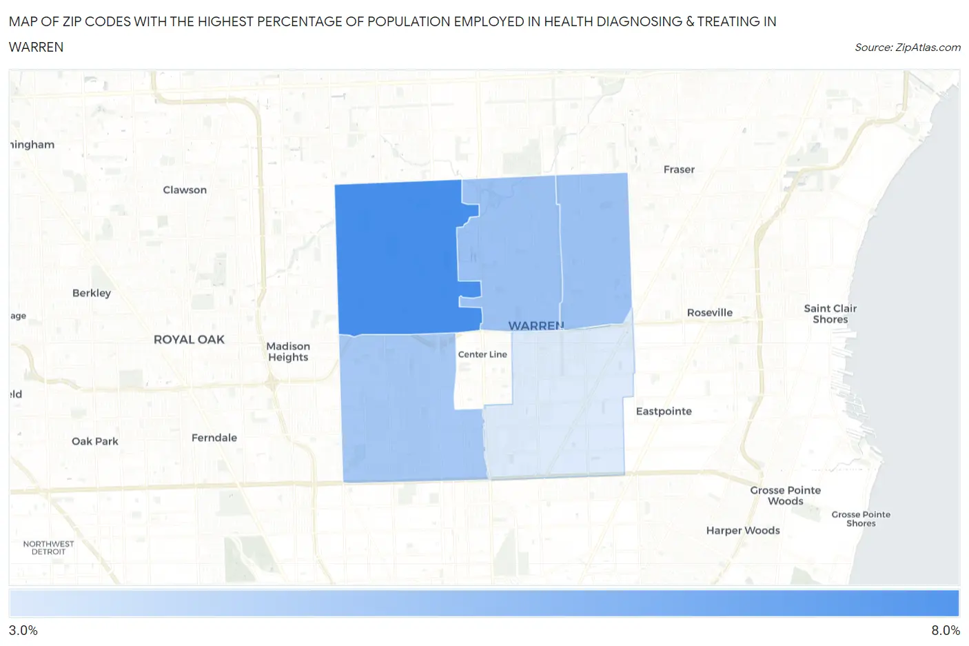Zip Codes with the Highest Percentage of Population Employed in Health Diagnosing & Treating in Warren Map