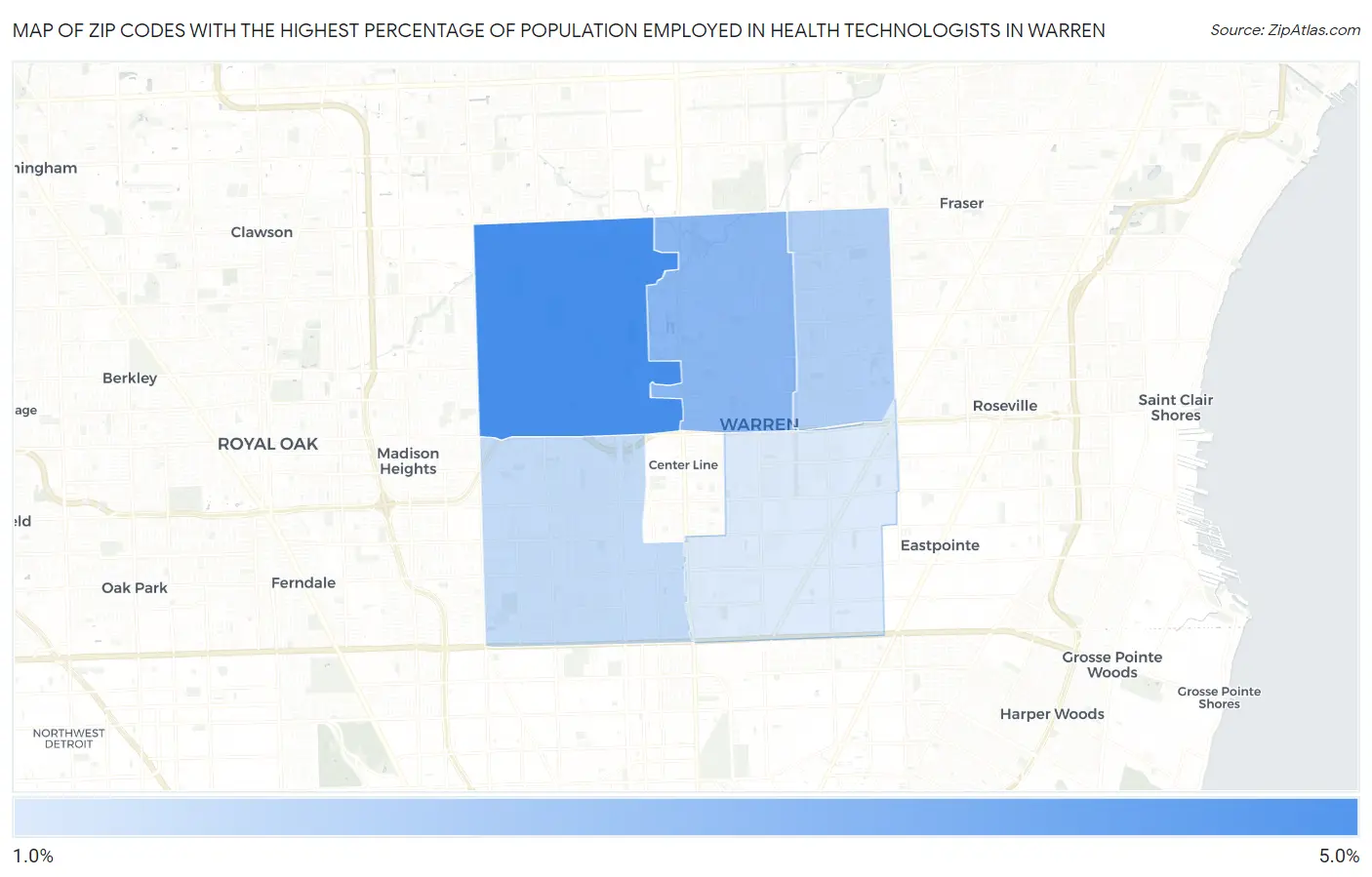 Zip Codes with the Highest Percentage of Population Employed in Health Technologists in Warren Map