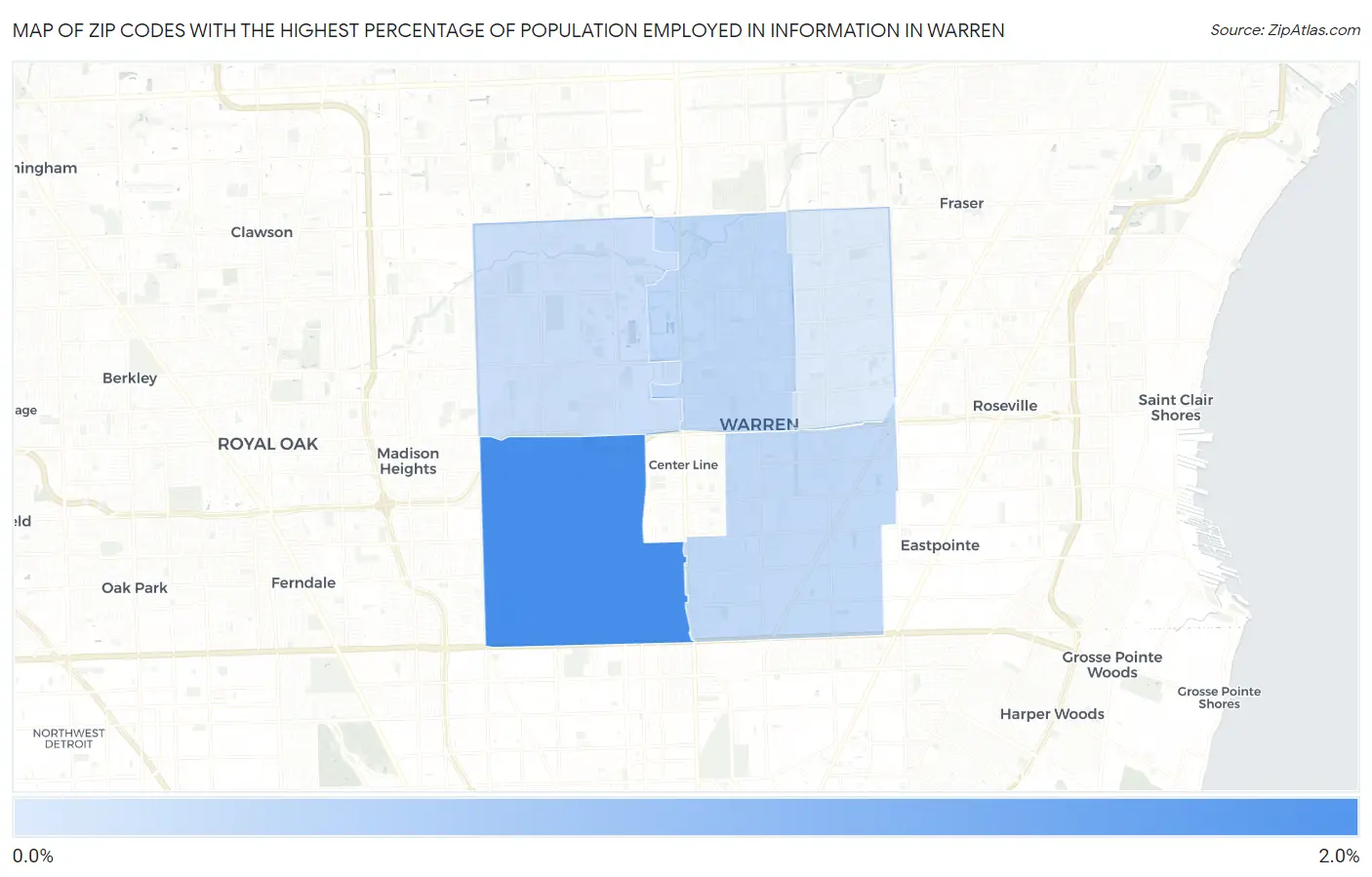 Zip Codes with the Highest Percentage of Population Employed in Information in Warren Map
