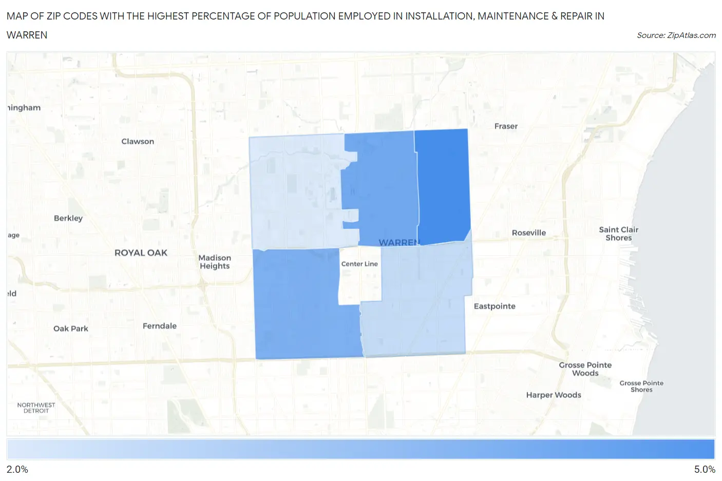 Zip Codes with the Highest Percentage of Population Employed in Installation, Maintenance & Repair in Warren Map