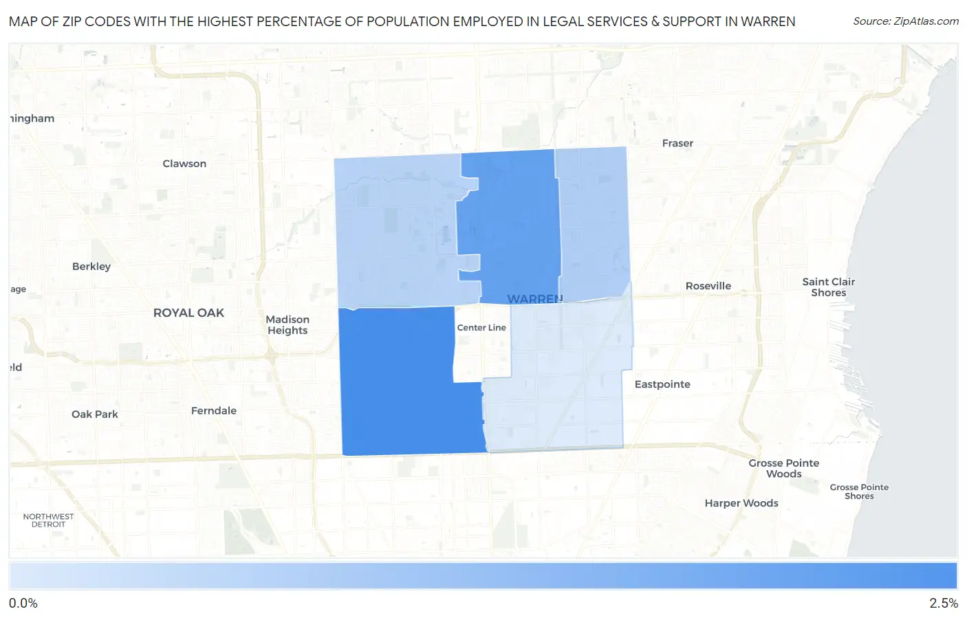 Zip Codes with the Highest Percentage of Population Employed in Legal Services & Support in Warren Map