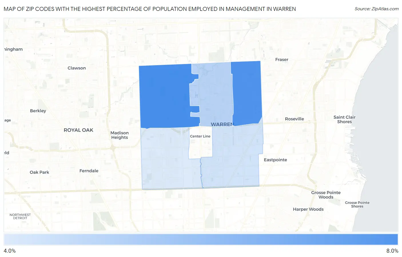 Zip Codes with the Highest Percentage of Population Employed in Management in Warren Map