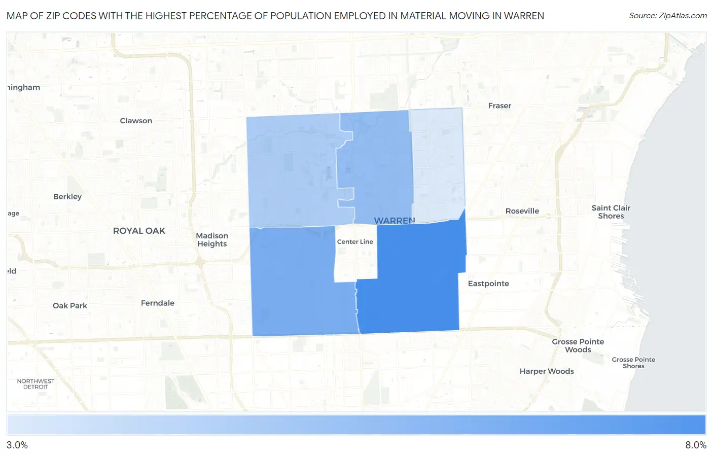 Zip Codes with the Highest Percentage of Population Employed in Material Moving in Warren Map