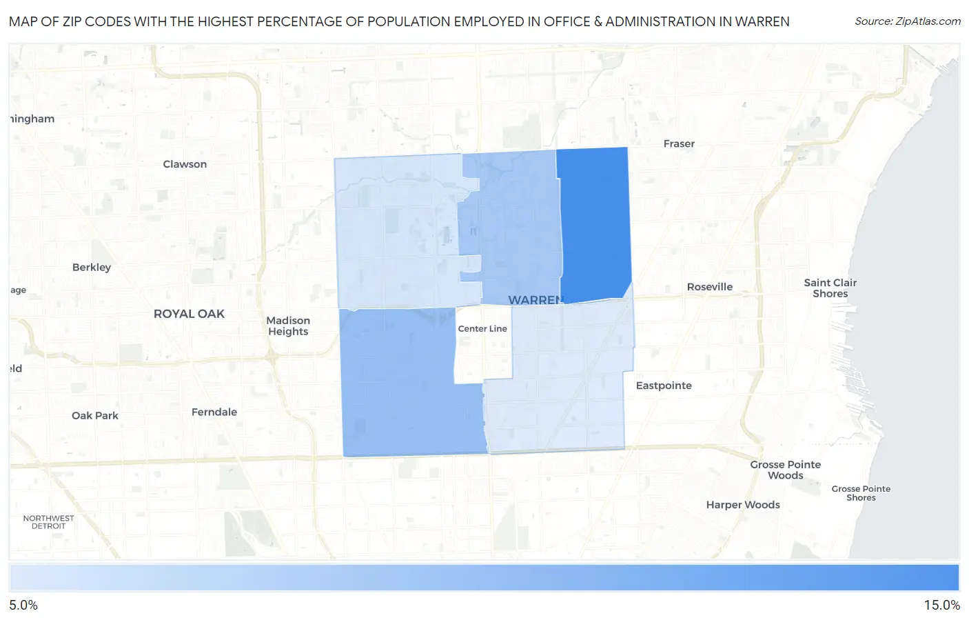 Zip Codes with the Highest Percentage of Population Employed in Office & Administration in Warren Map