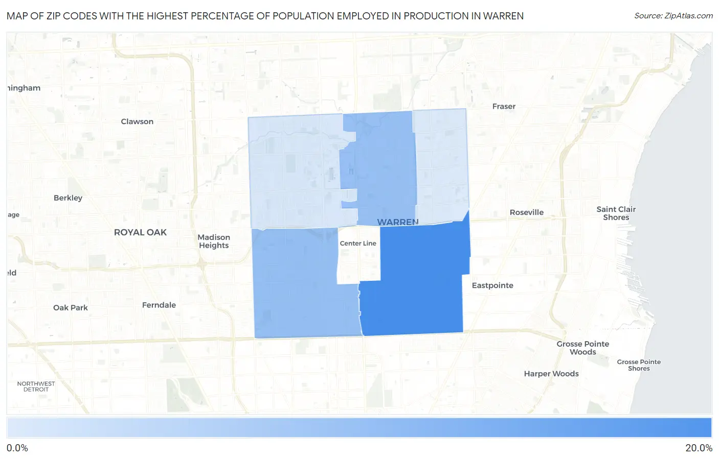 Zip Codes with the Highest Percentage of Population Employed in Production in Warren Map