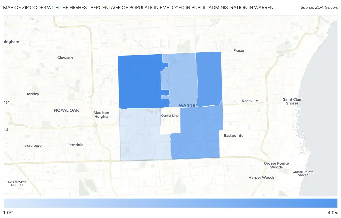 Zip Codes with the Highest Percentage of Population Employed in Public Administration in Warren Map