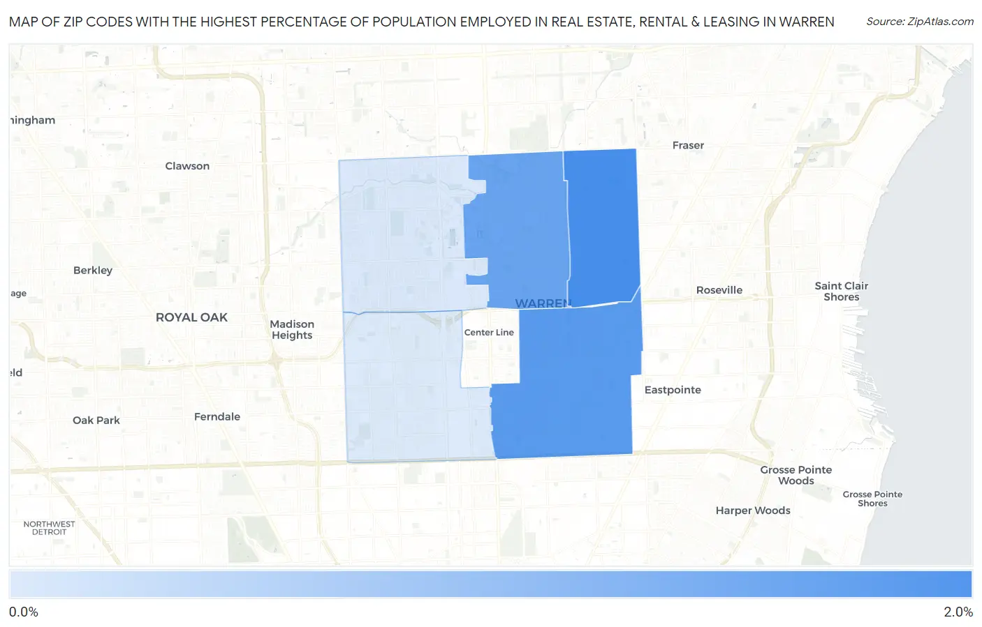 Zip Codes with the Highest Percentage of Population Employed in Real Estate, Rental & Leasing in Warren Map