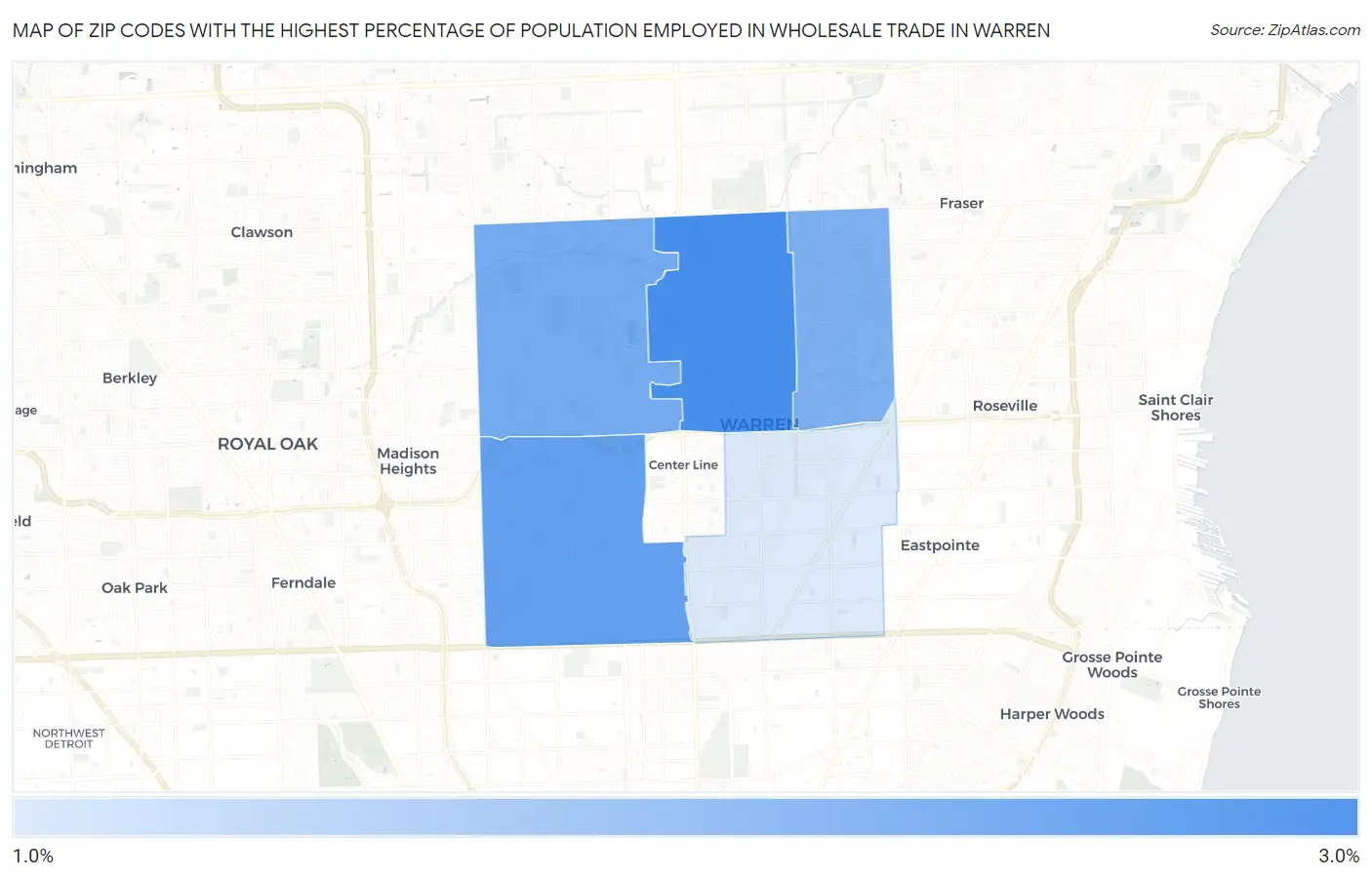 Zip Codes with the Highest Percentage of Population Employed in Wholesale Trade in Warren Map