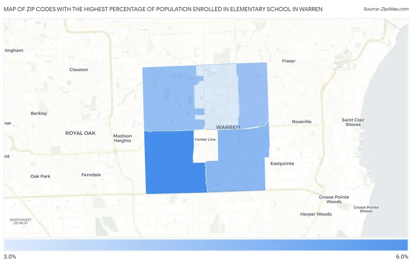 Zip Codes with the Highest Percentage of Population Enrolled in Elementary School in Warren Map