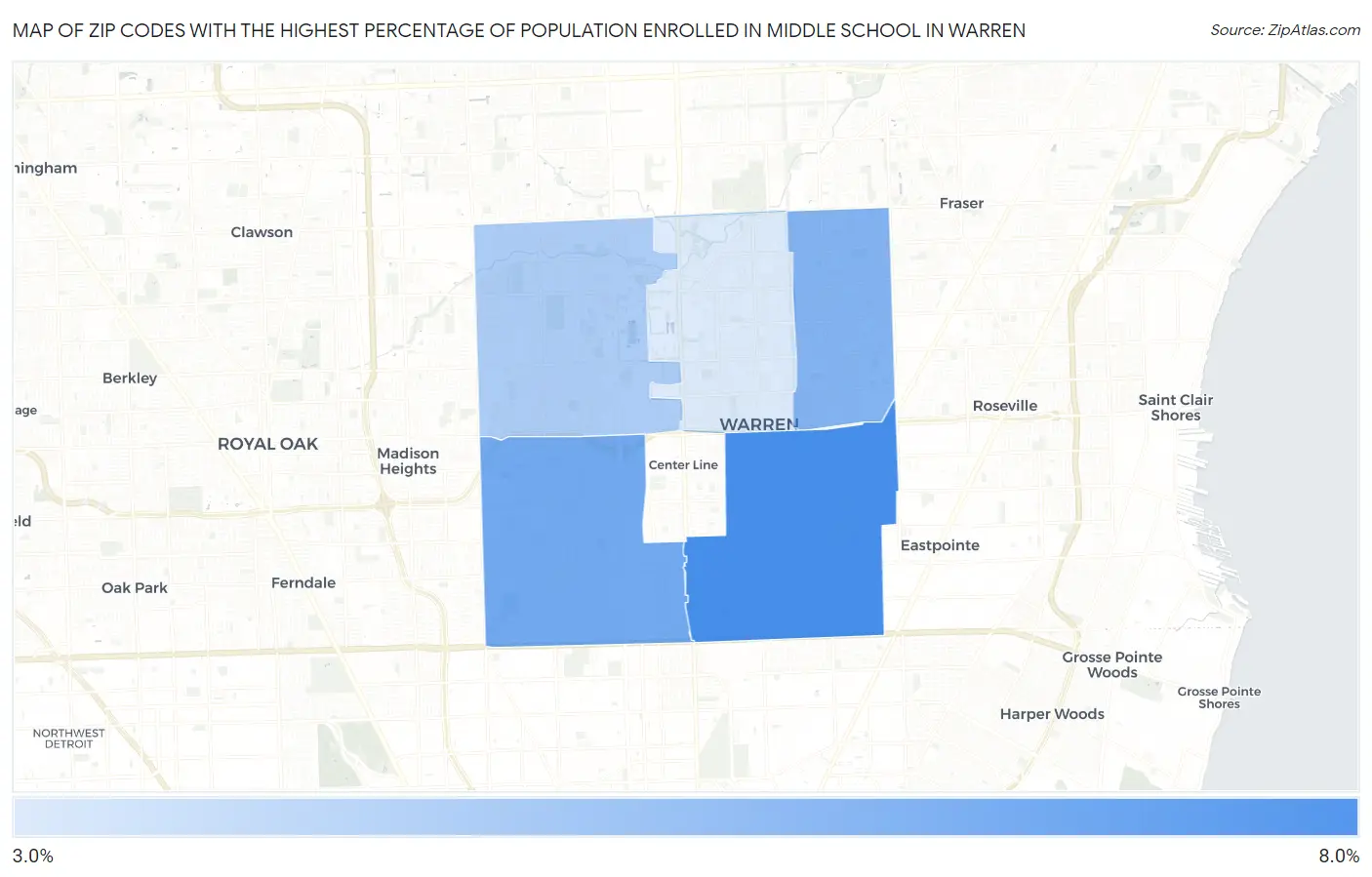 Zip Codes with the Highest Percentage of Population Enrolled in Middle School in Warren Map