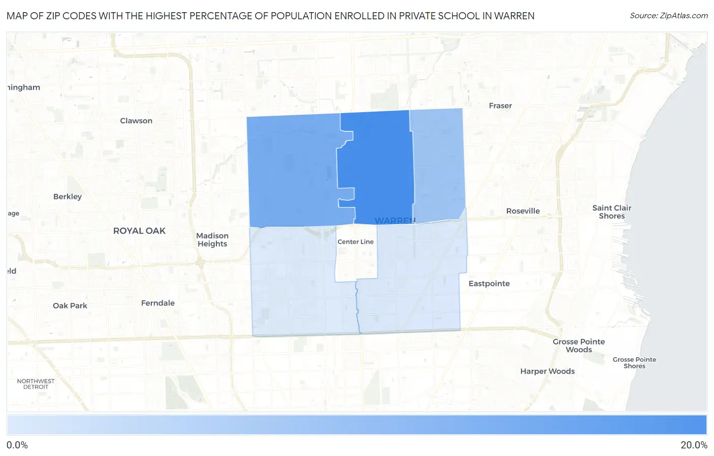 Zip Codes with the Highest Percentage of Population Enrolled in Private School in Warren Map