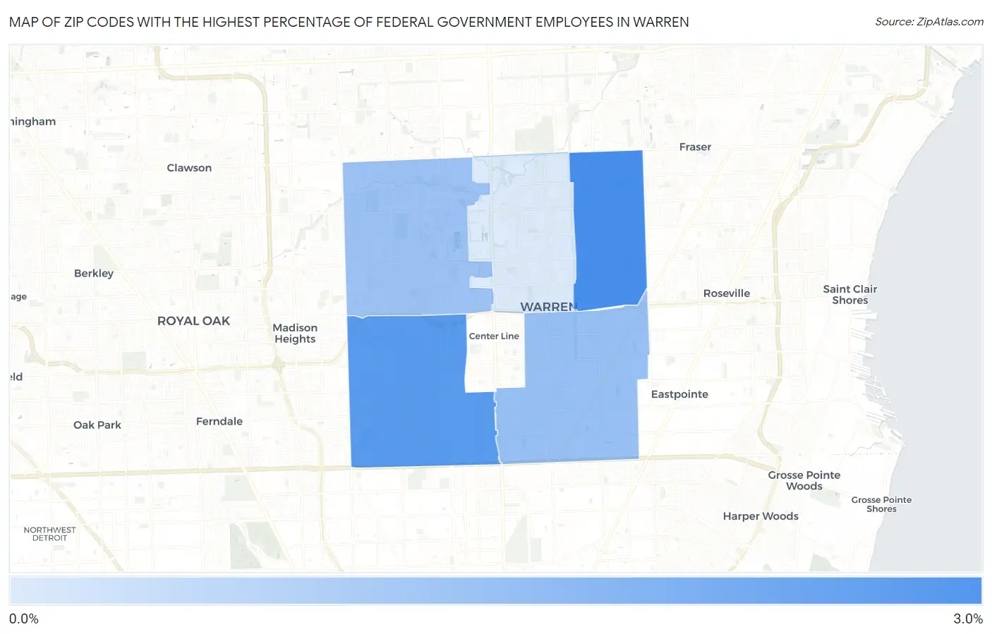 Zip Codes with the Highest Percentage of Federal Government Employees in Warren Map