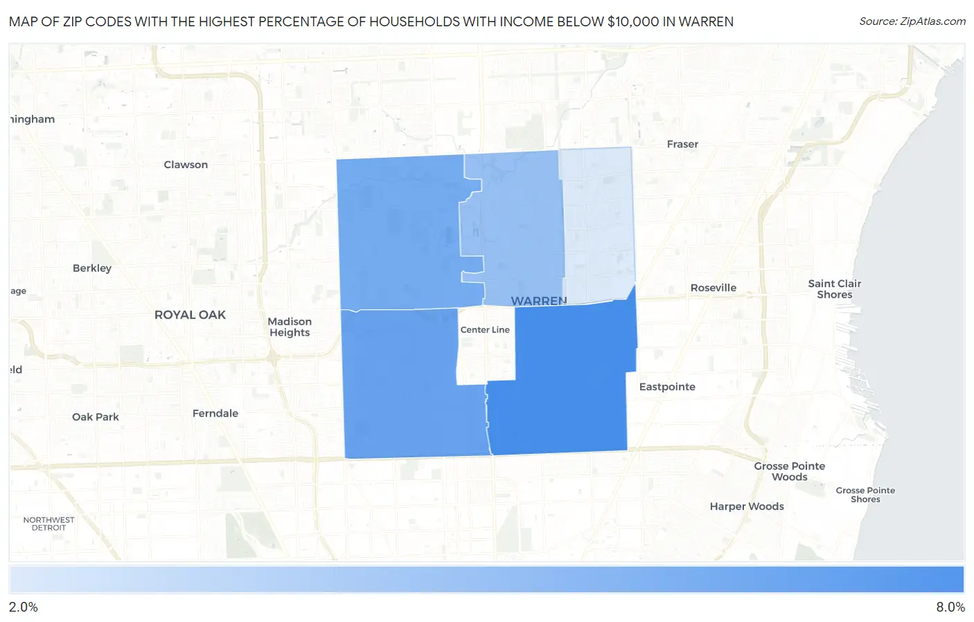 Zip Codes with the Highest Percentage of Households with Income Below $10,000 in Warren Map