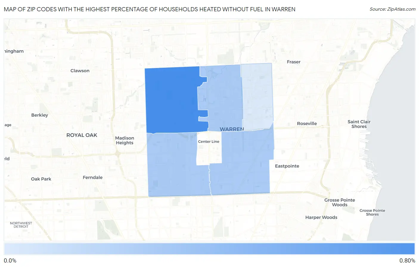 Zip Codes with the Highest Percentage of Households Heated without Fuel in Warren Map