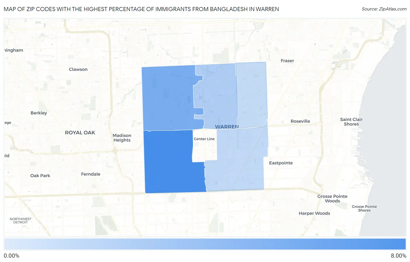 Zip Codes with the Highest Percentage of Immigrants from Bangladesh in Warren Map