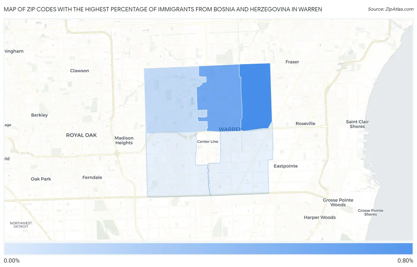 Zip Codes with the Highest Percentage of Immigrants from Bosnia and Herzegovina in Warren Map