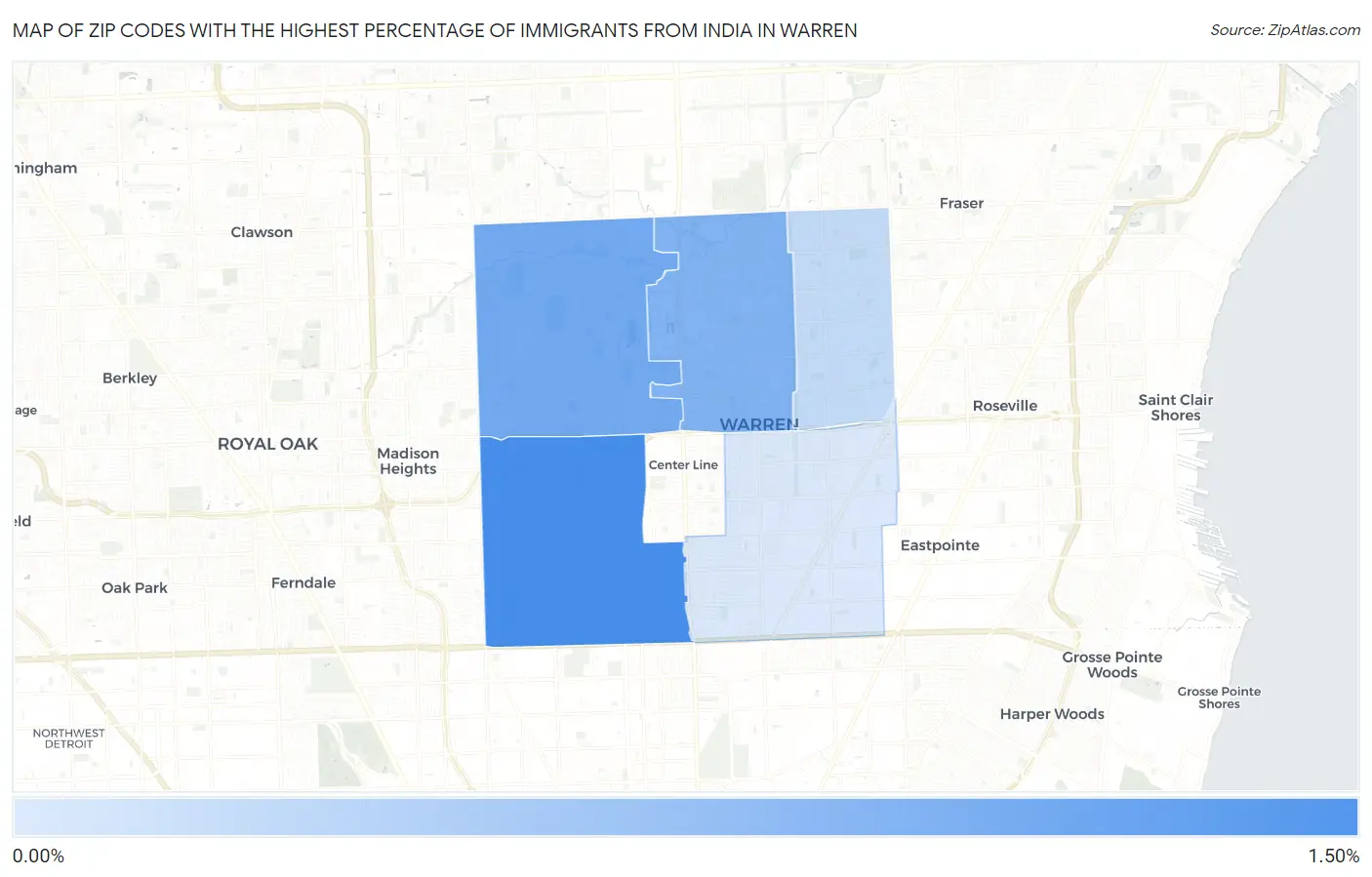 Zip Codes with the Highest Percentage of Immigrants from India in Warren Map