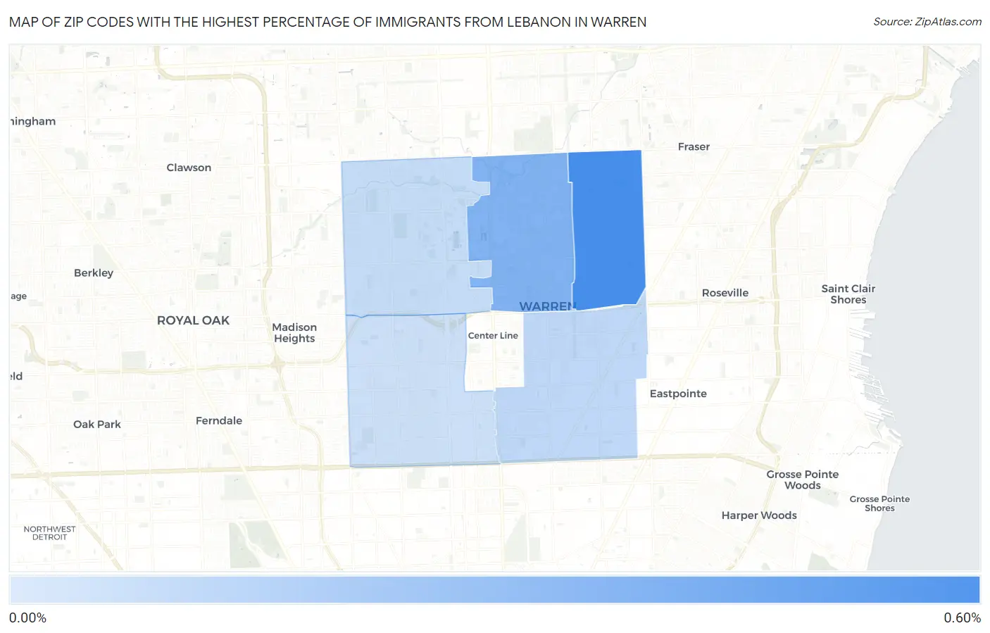 Zip Codes with the Highest Percentage of Immigrants from Lebanon in Warren Map