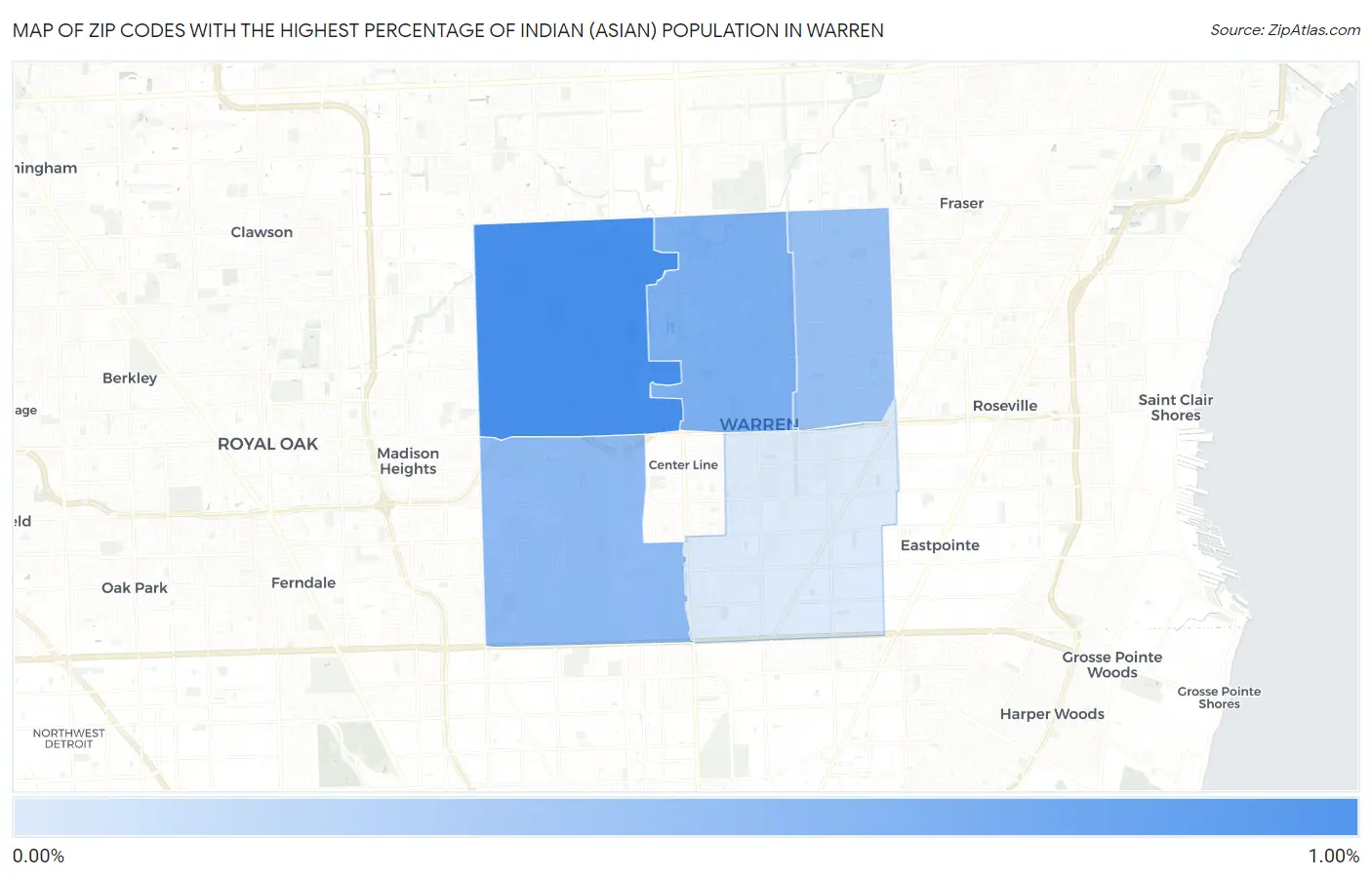 Zip Codes with the Highest Percentage of Indian (Asian) Population in Warren Map