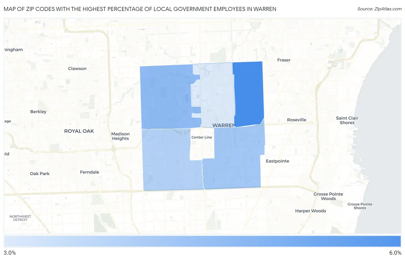 Zip Codes with the Highest Percentage of Local Government Employees in Warren Map