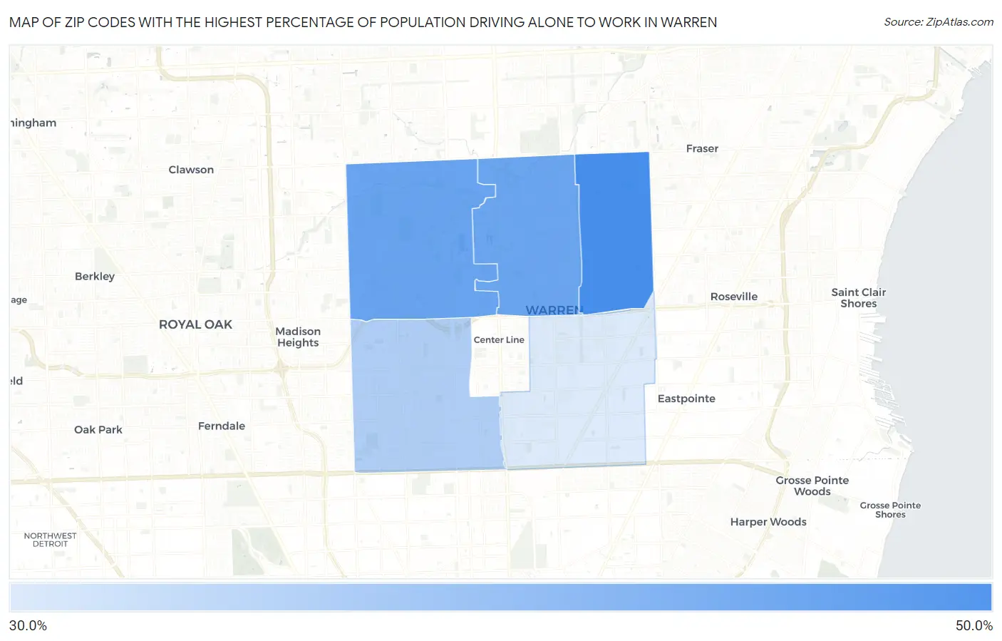 Zip Codes with the Highest Percentage of Population Driving Alone to Work in Warren Map