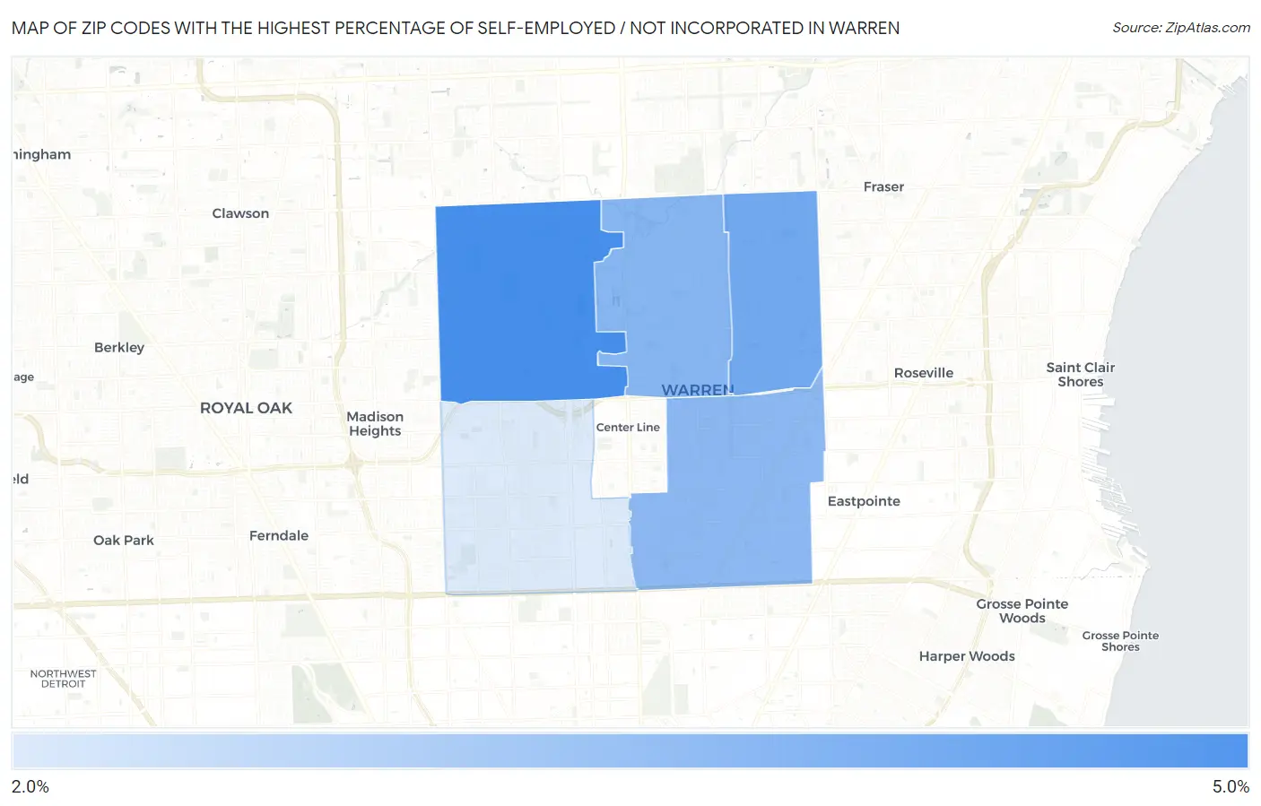 Zip Codes with the Highest Percentage of Self-Employed / Not Incorporated in Warren Map