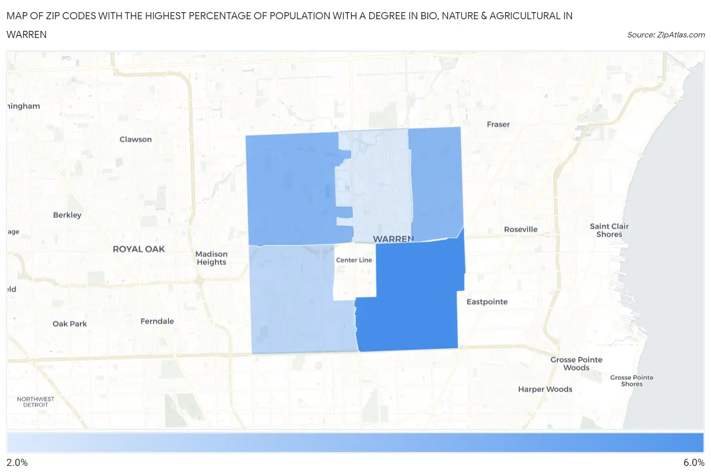Zip Codes with the Highest Percentage of Population with a Degree in Bio, Nature & Agricultural in Warren Map
