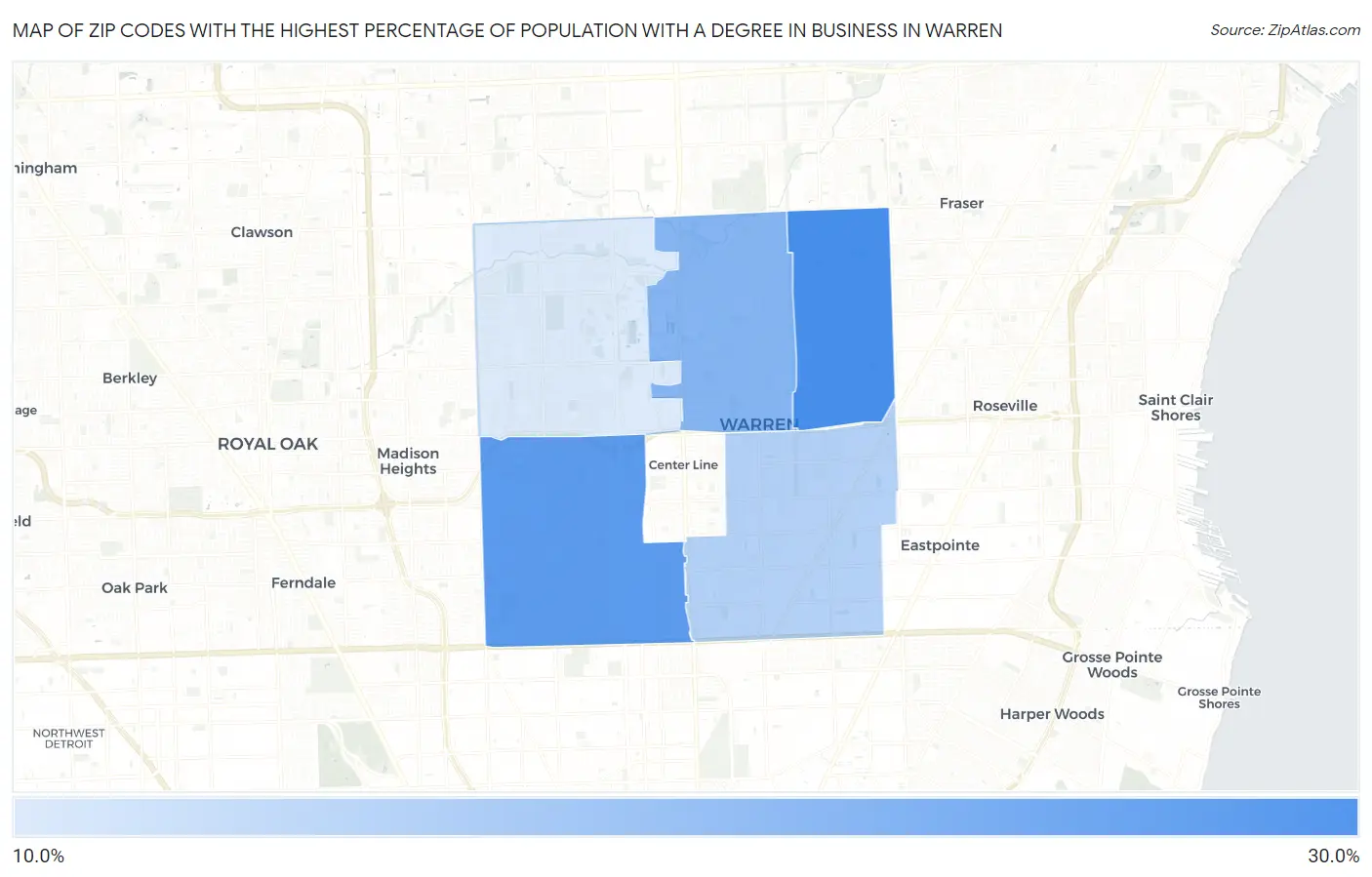 Zip Codes with the Highest Percentage of Population with a Degree in Business in Warren Map