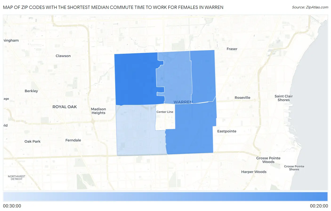 Zip Codes with the Shortest Median Commute Time to Work for Females in Warren Map