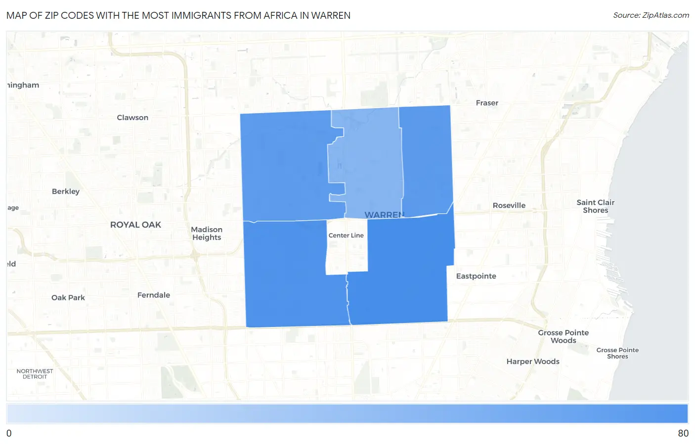 Zip Codes with the Most Immigrants from Africa in Warren Map