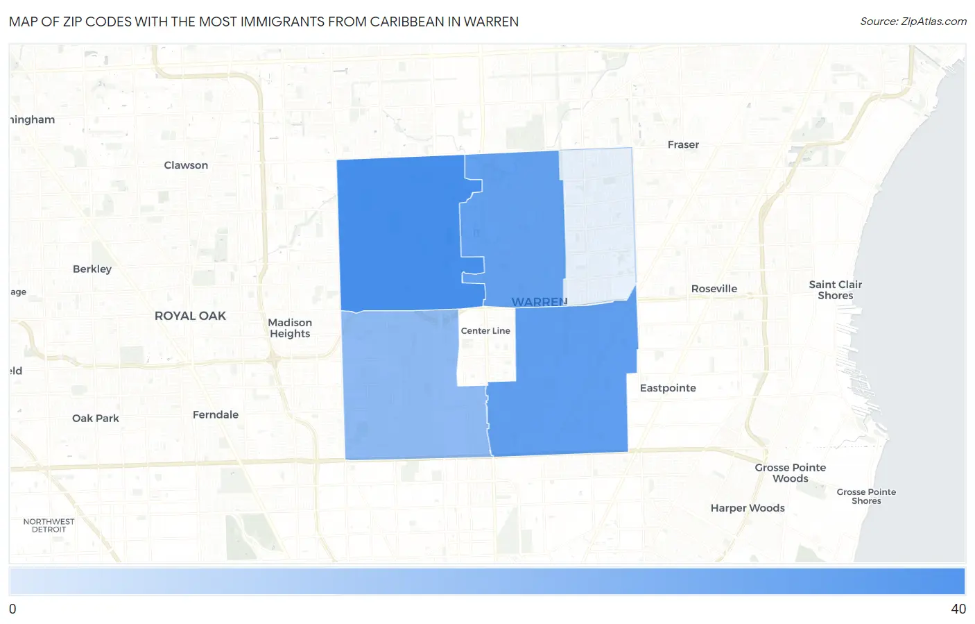 Zip Codes with the Most Immigrants from Caribbean in Warren Map