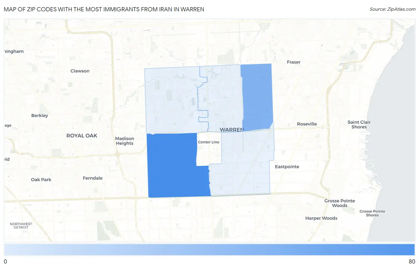 Zip Codes with the Most Immigrants from Iran in Warren Map