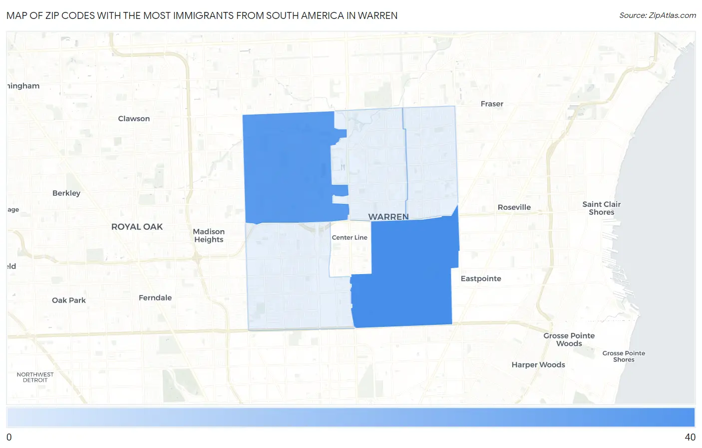Zip Codes with the Most Immigrants from South America in Warren Map