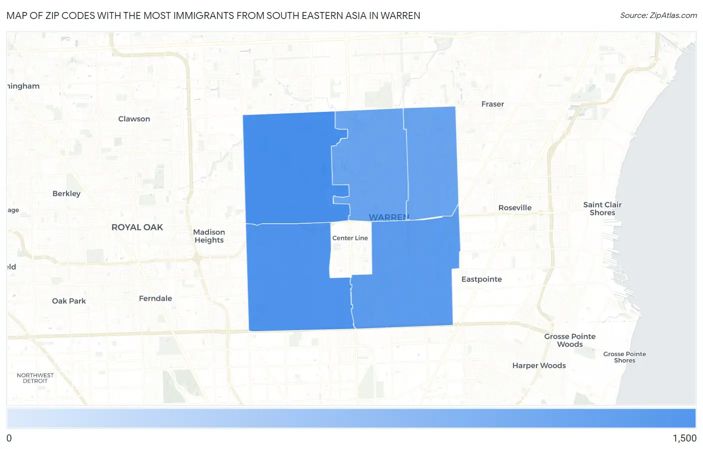 Zip Codes with the Most Immigrants from South Eastern Asia in Warren Map