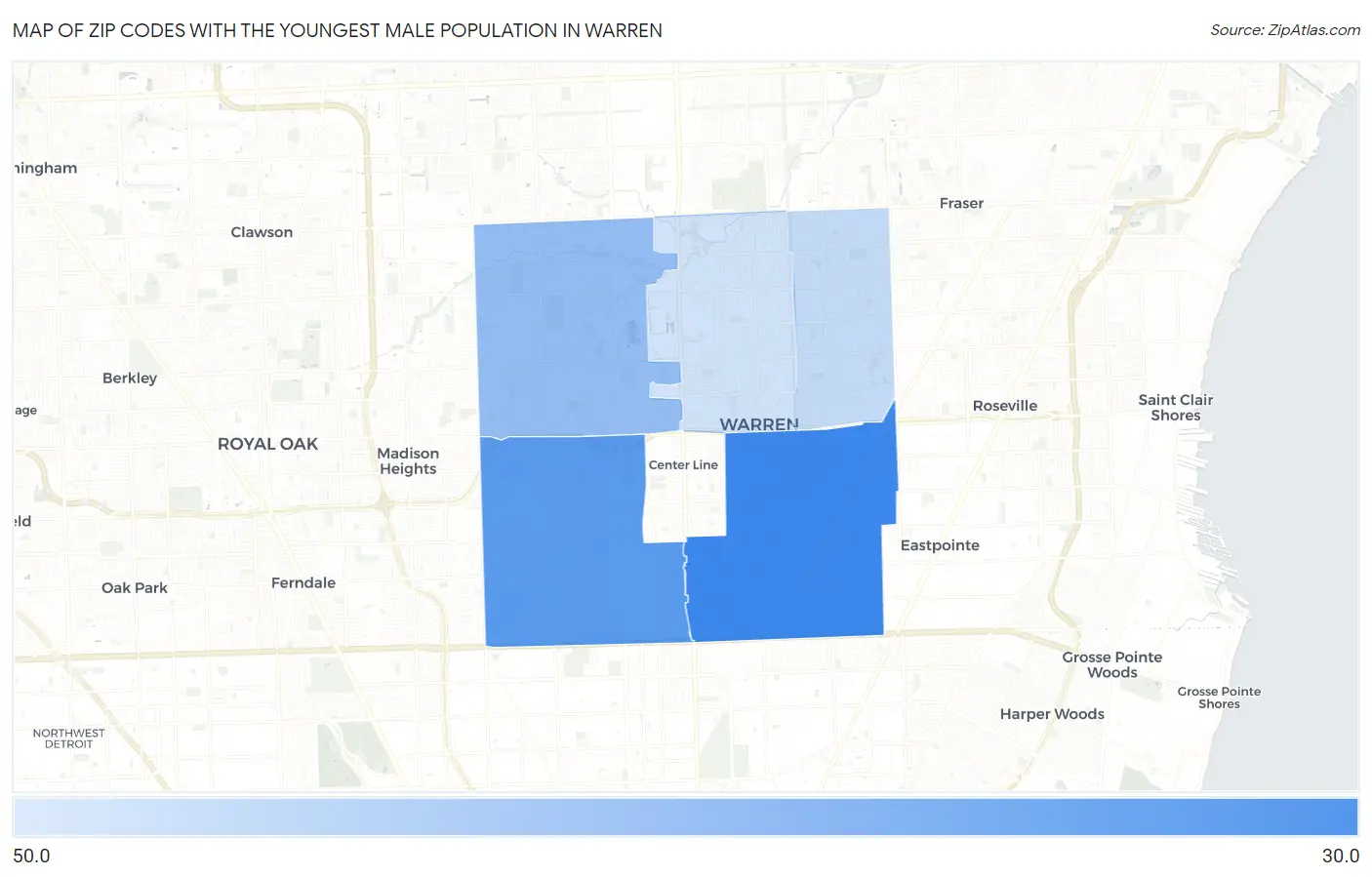Zip Codes with the Youngest Male Population in Warren Map