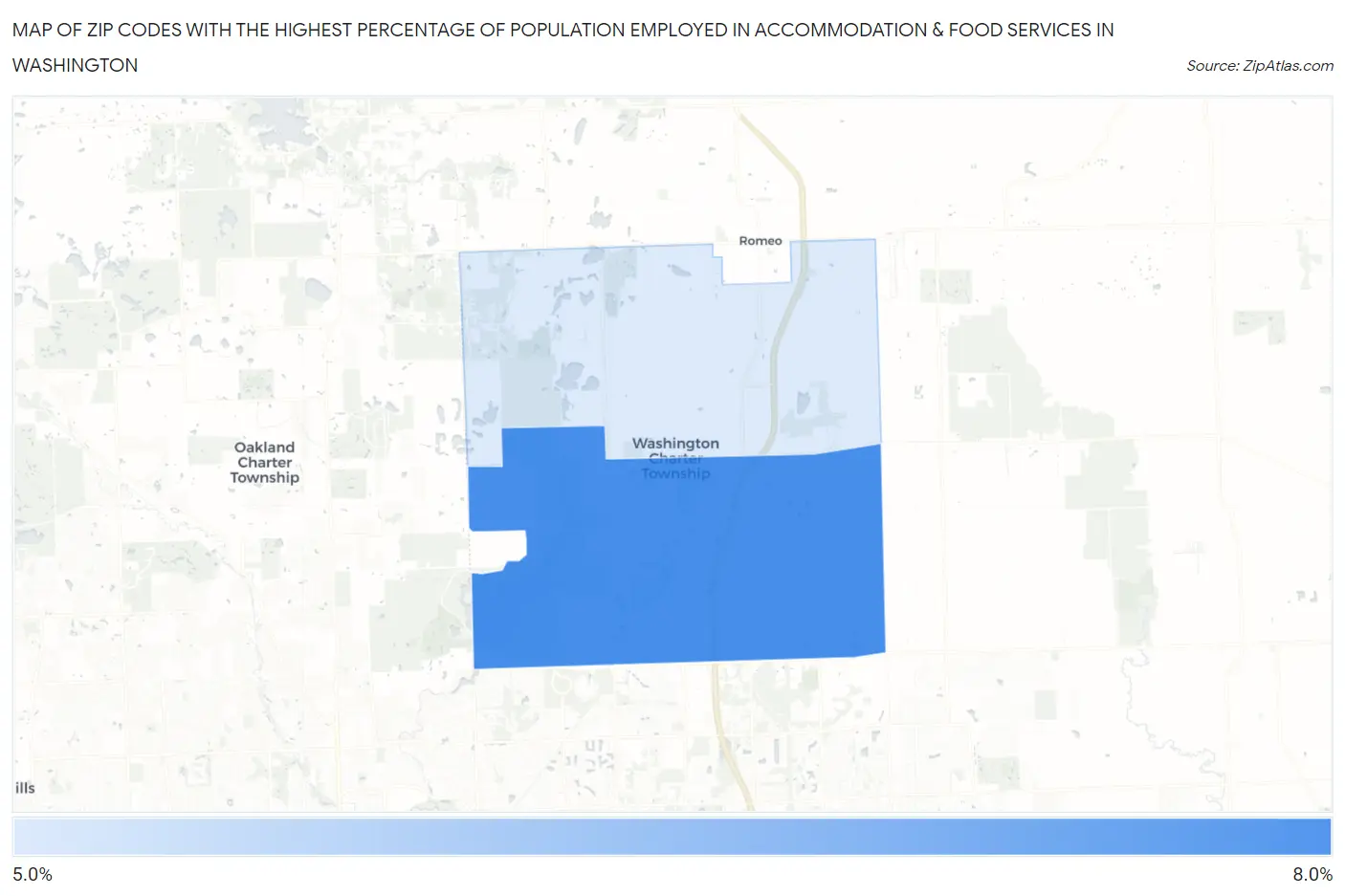 Zip Codes with the Highest Percentage of Population Employed in Accommodation & Food Services in Washington Map