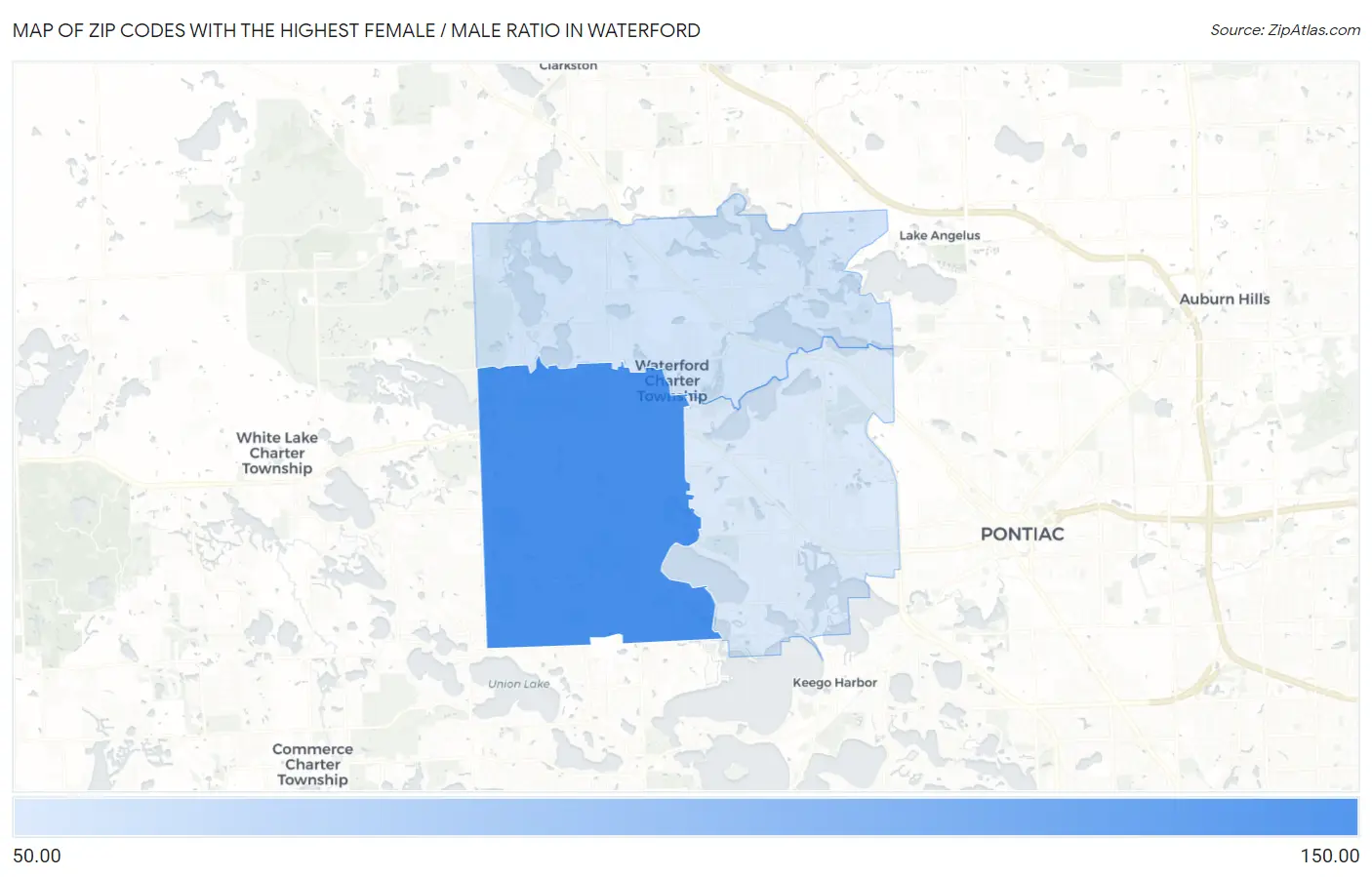 Zip Codes with the Highest Female / Male Ratio in Waterford Map