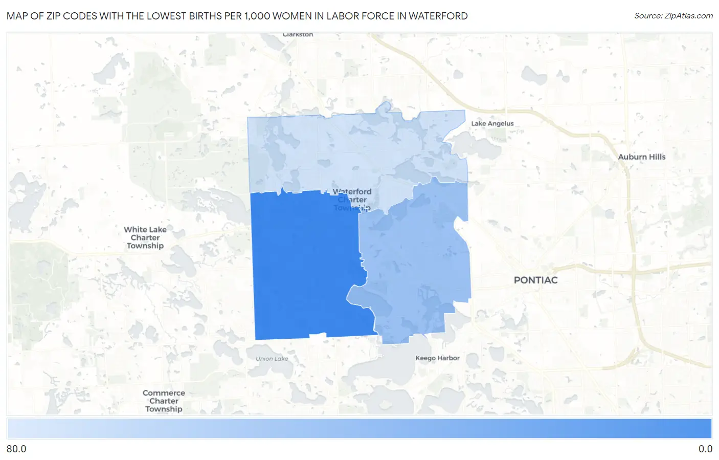 Zip Codes with the Lowest Births per 1,000 Women in Labor Force in Waterford Map
